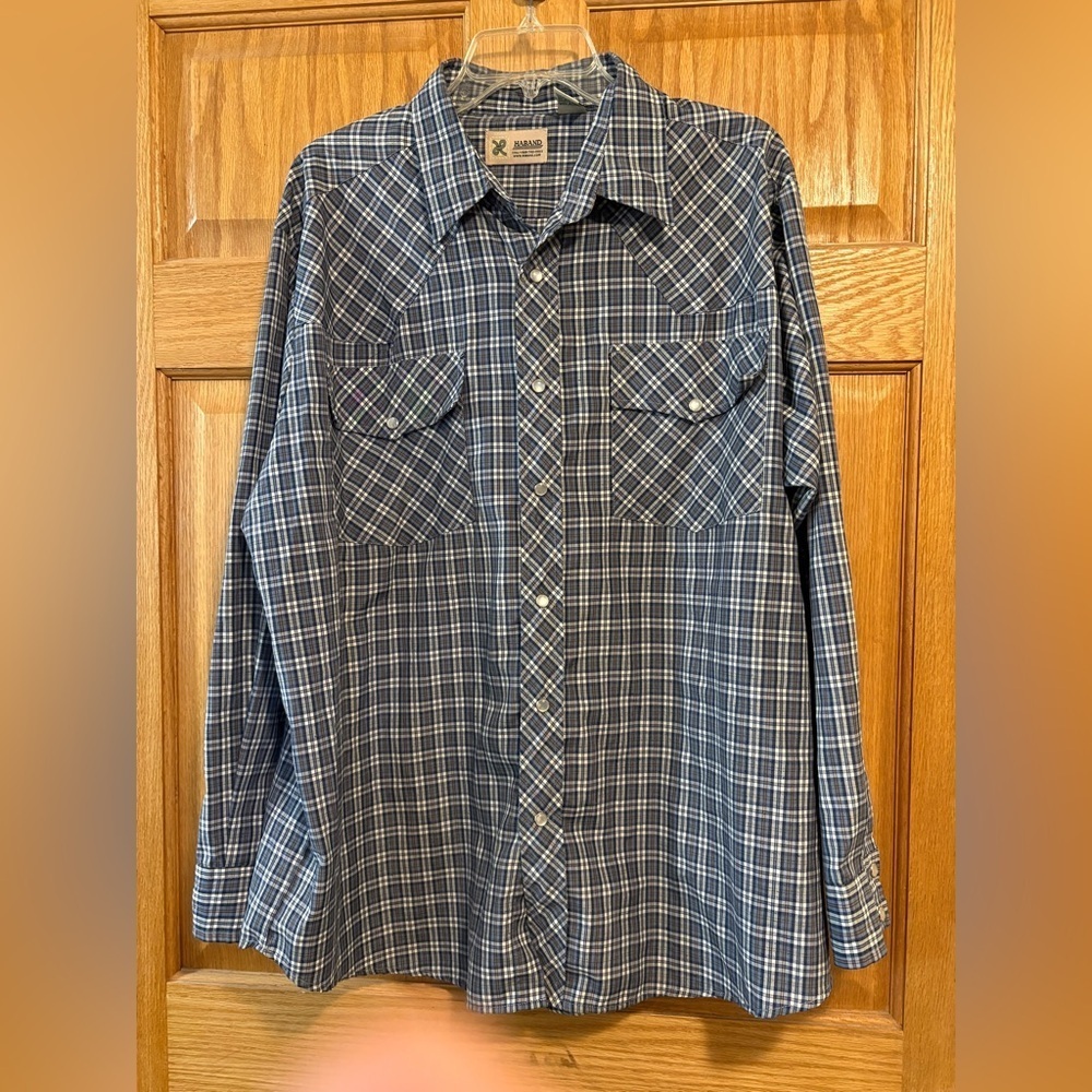Haband Shirt Men’s XL Western Cowboy Rodeo Pearl Snap Blue Plaid Long Sleeve
